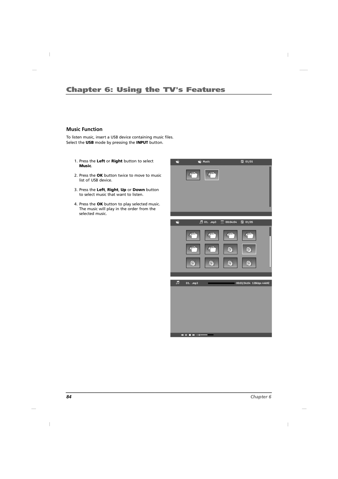 RCA J42C750, J32C750, J26C700 manual Music Function, Press the Left or Right button to select Music 