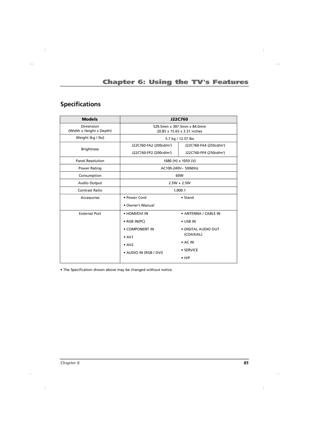 RCA J32C750, J42C750, J26C700 manual Specifications, Models J22C760 