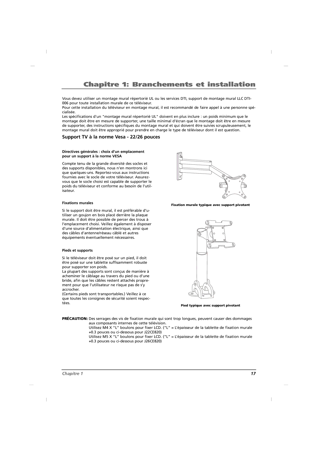 RCA J32CE720, J42CE820, J26CE820 manual Support TV à la norme Vesa 22/26 pouces, Fixations murales, Pieds et supports 