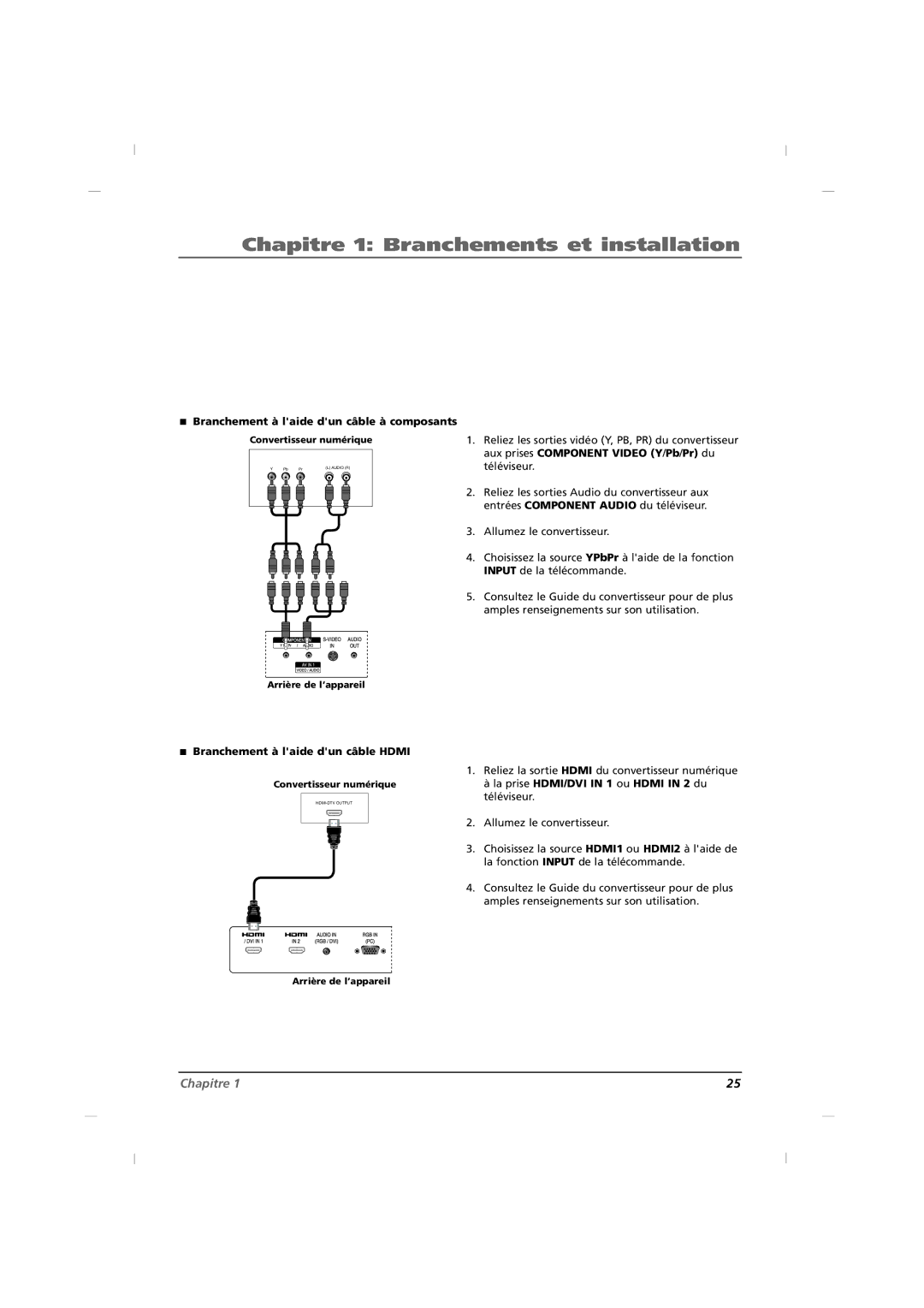 RCA J42CE820, J32CE720, J26CE820 manual Branchement à laide dun câble à composants 