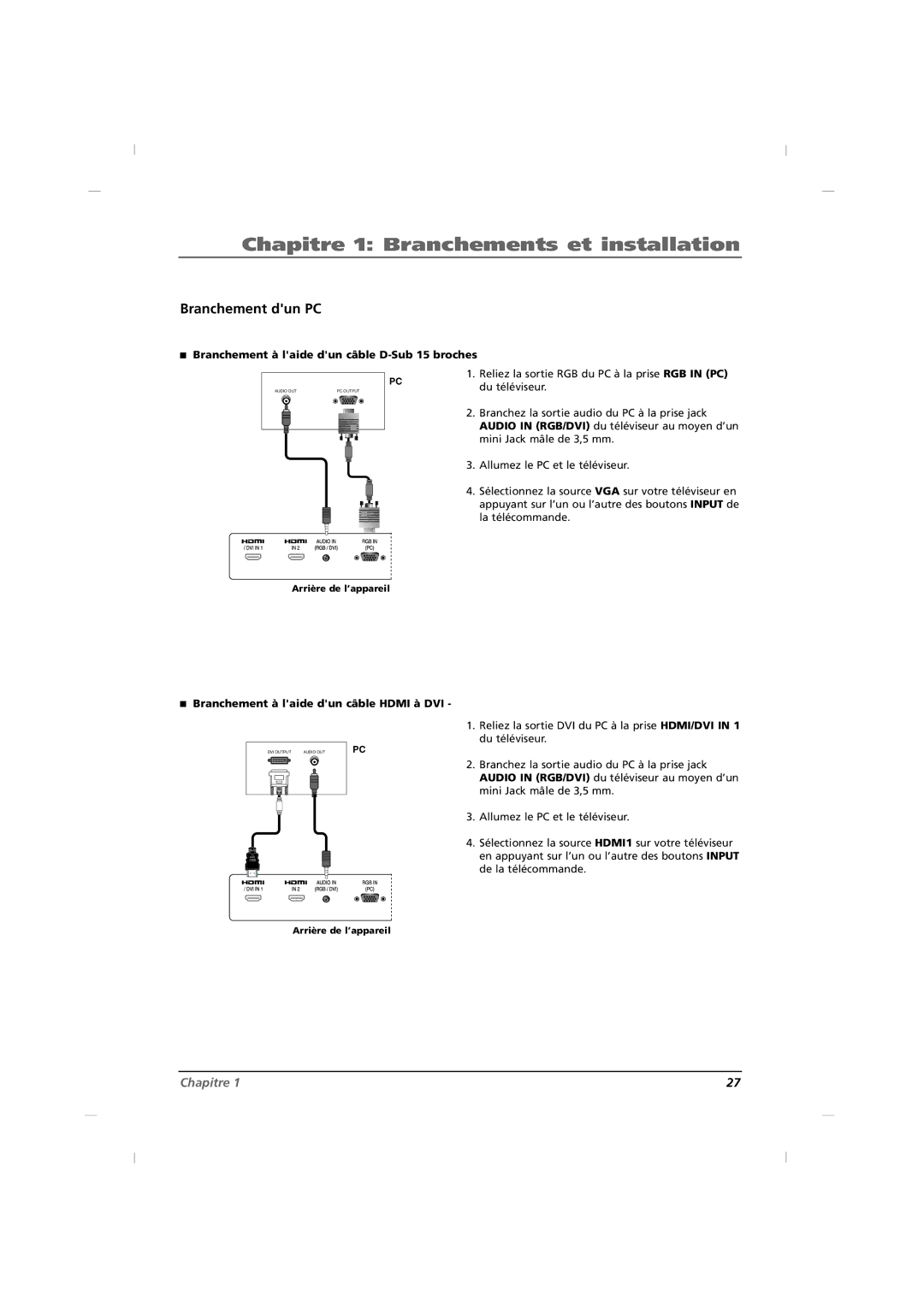 RCA J26CE820, J42CE820, J32CE720 manual Branchement dun PC, Branchement à laide dun câble D-Sub 15 broches 