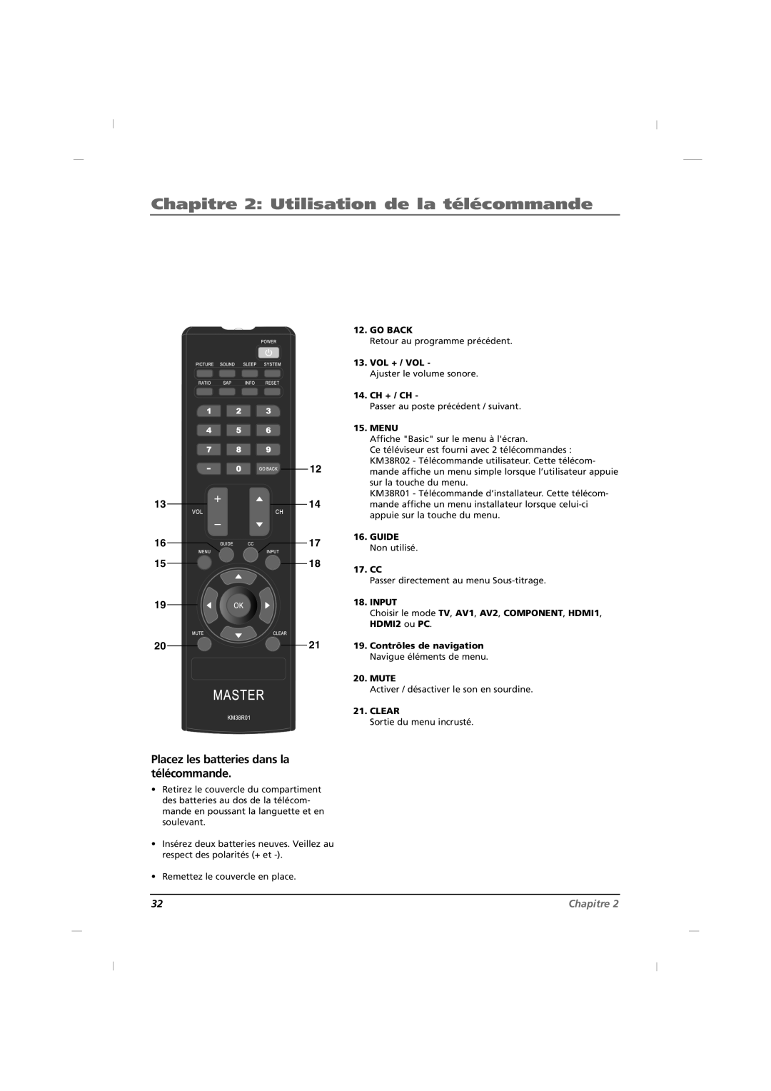 RCA J32CE720, J42CE820, J26CE820 manual Placez les batteries dans la télécommande 