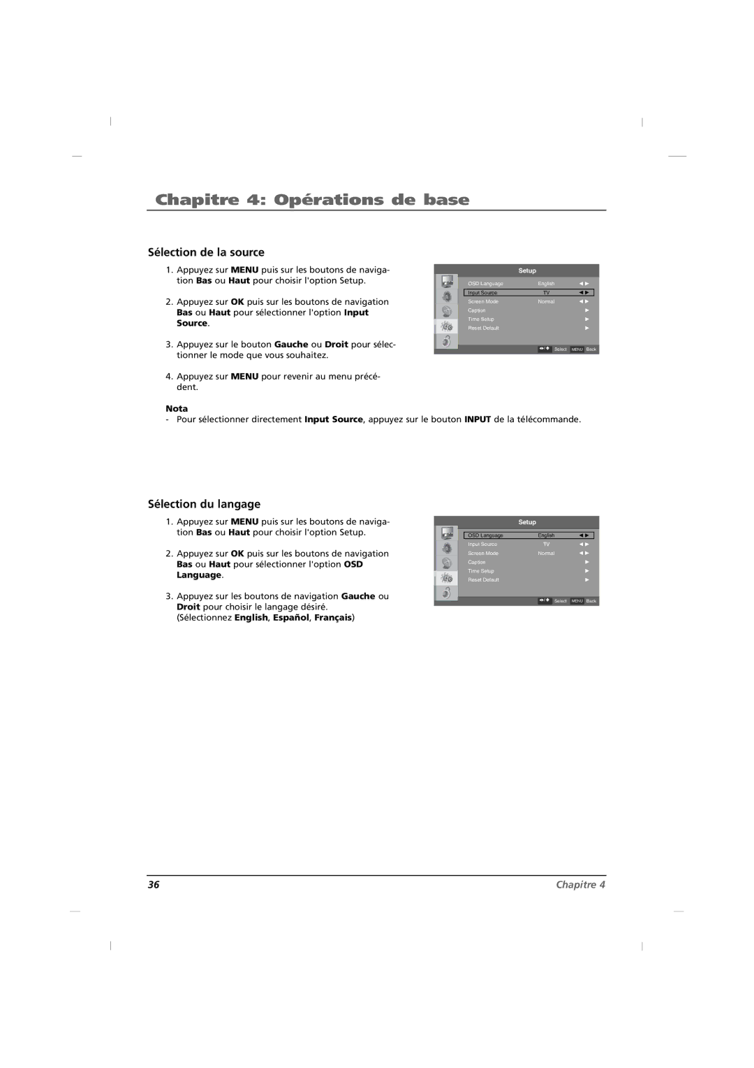 RCA J26CE820, J42CE820, J32CE720 manual Chapitre 4 Opérations de base, Sélection de la source, Sélection du langage 