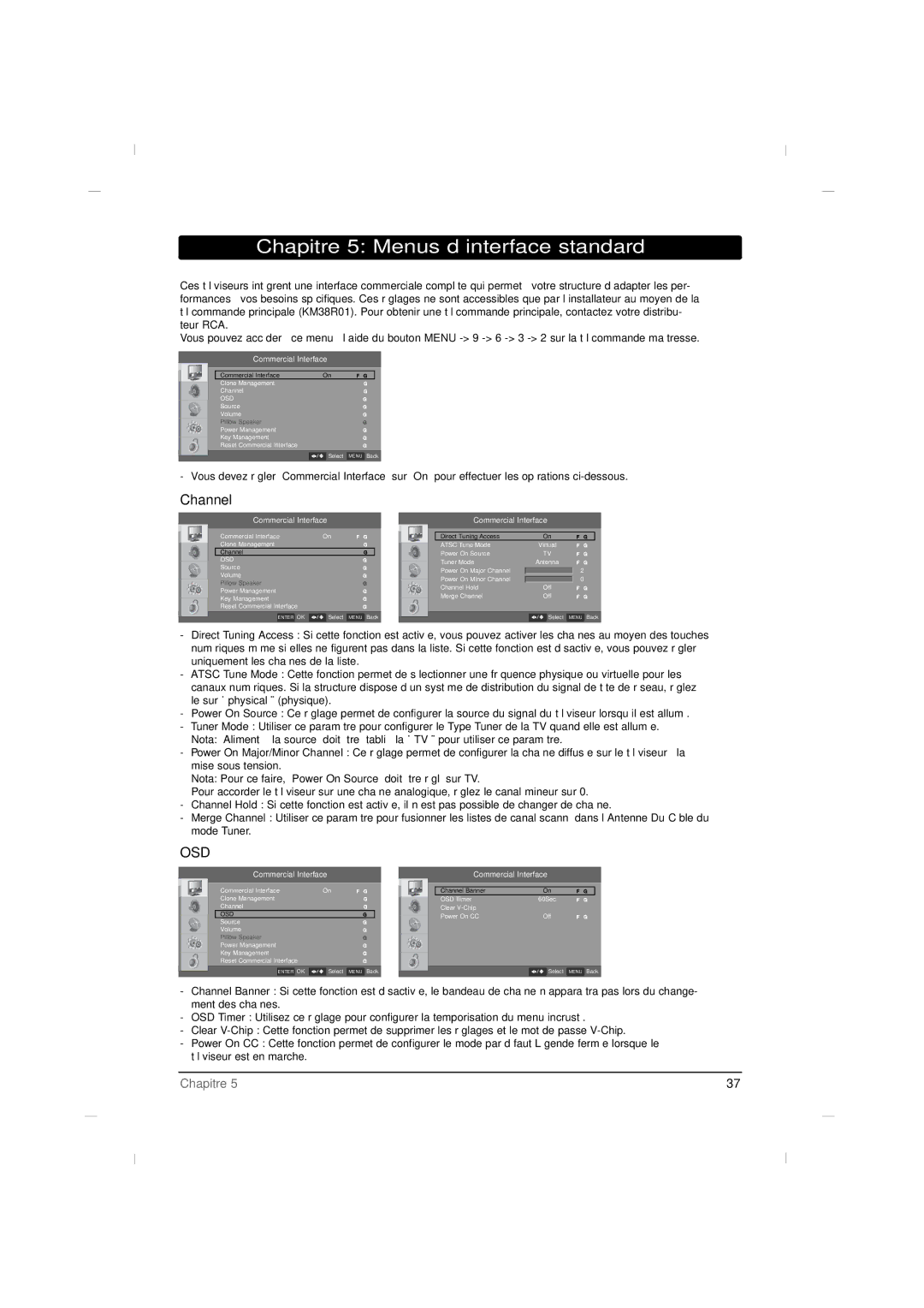 RCA J42CE820, J32CE720, J26CE820 manual Chapitre 5 Menus d’interface standard, Channel 