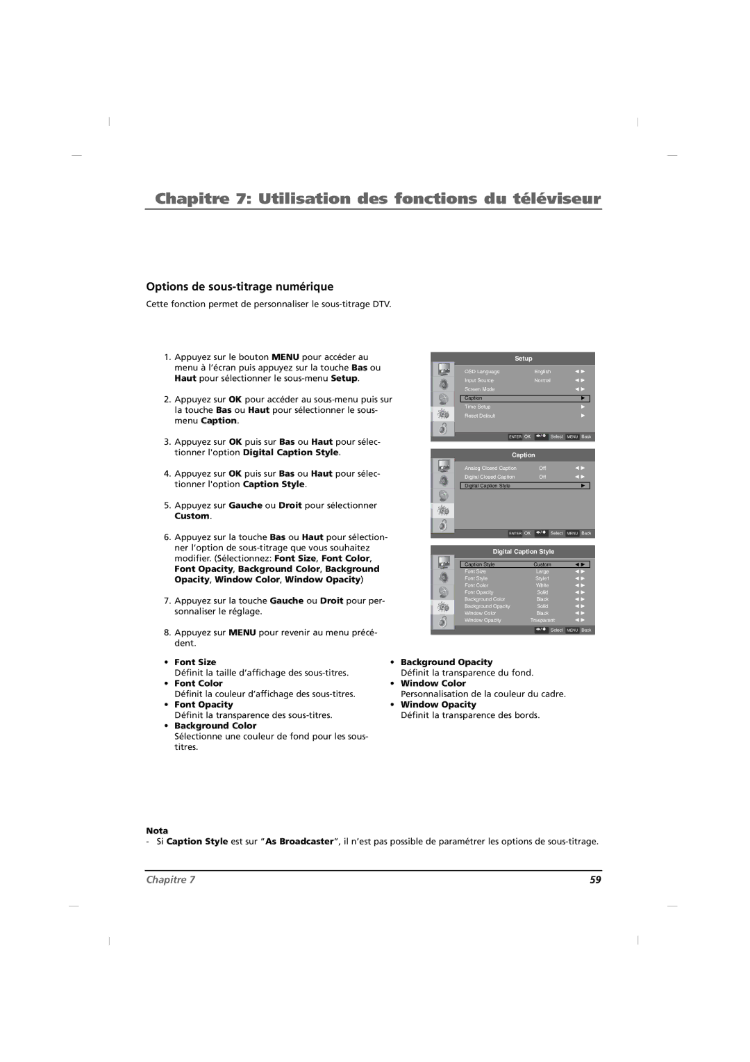 RCA J32CE720, J42CE820, J26CE820 Options de sous-titrage numérique, Sélectionne une couleur de fond pour les sous- titres 