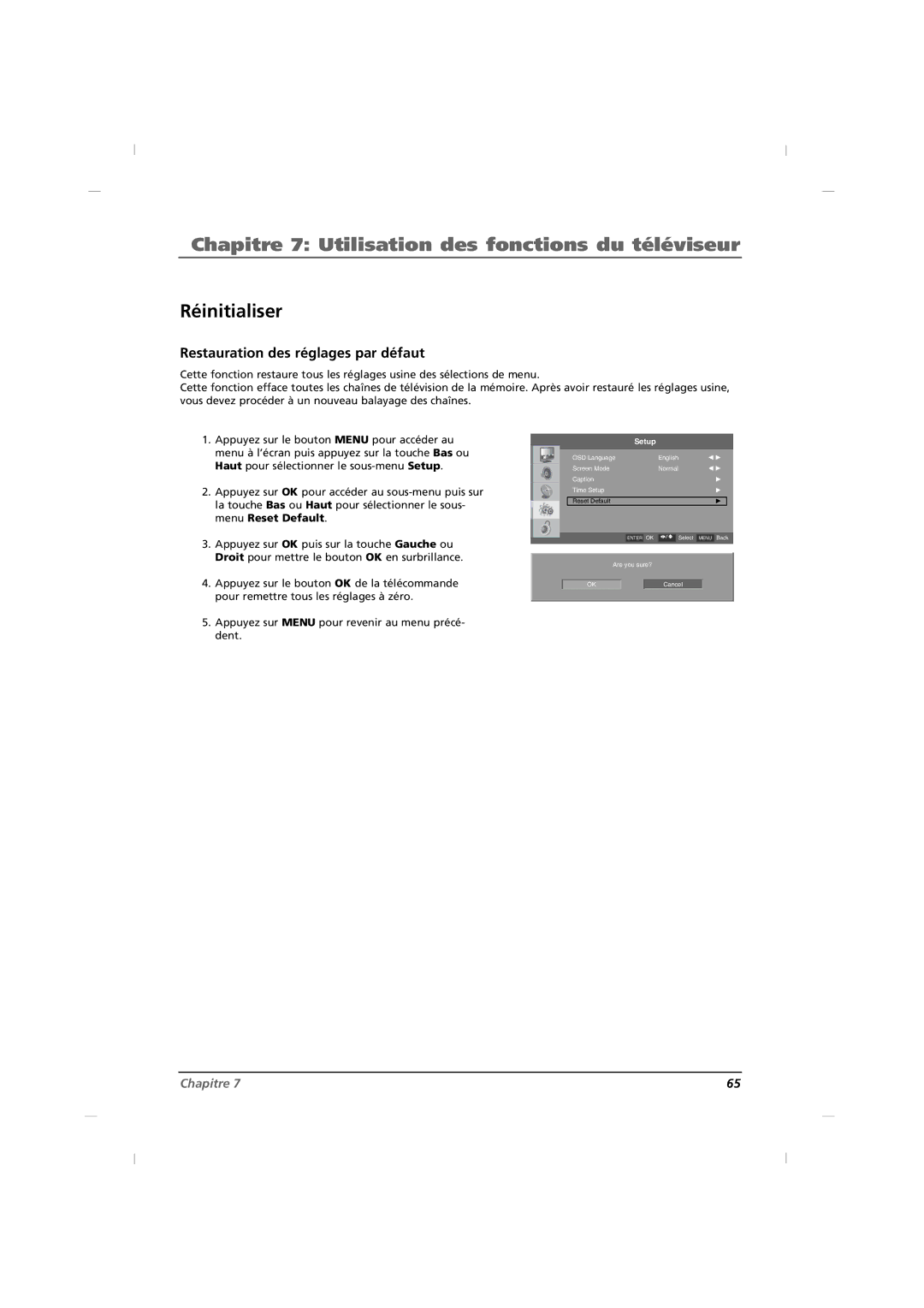 RCA J32CE720, J42CE820, J26CE820 manual Réinitialiser, Restauration des réglages par défaut 