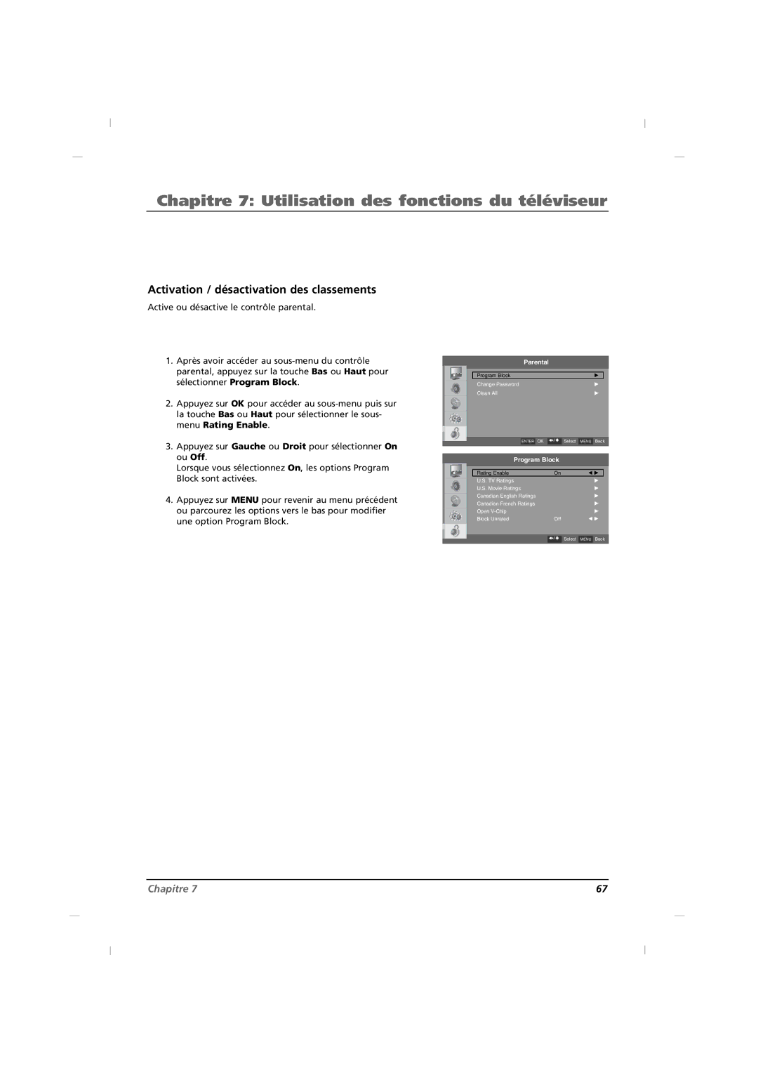 RCA J42CE820, J32CE720, J26CE820 manual Activation / désactivation des classements 