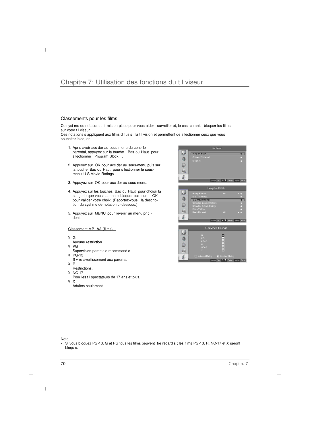 RCA J42CE820, J32CE720, J26CE820 manual Classements pour les films, Classement Mpaa films, Restrictions NC-17 