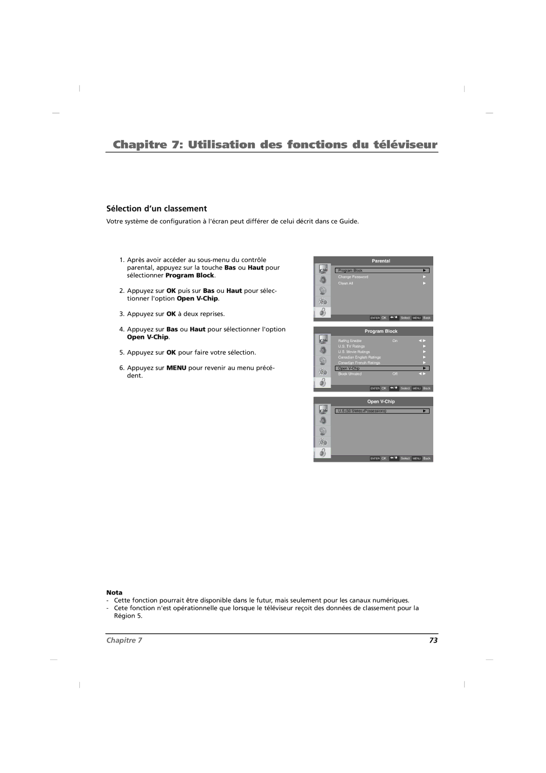 RCA J42CE820, J32CE720, J26CE820 manual Sélection d’un classement, Nota 