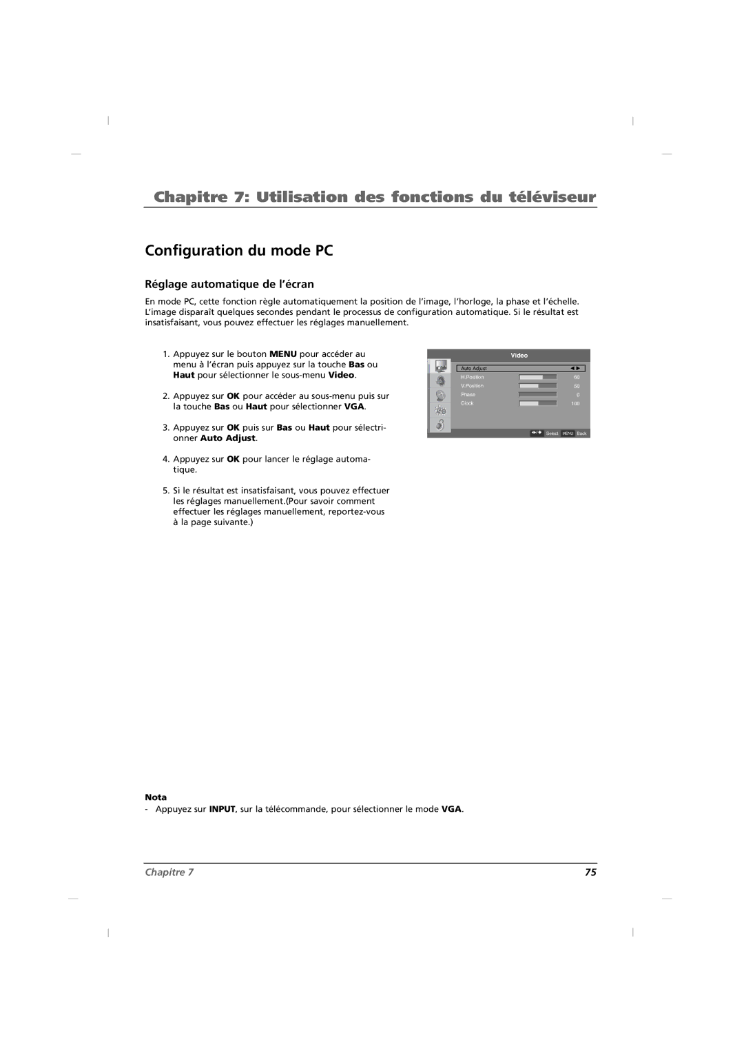 RCA J26CE820, J42CE820, J32CE720 manual Configuration du mode PC, Réglage automatique de l’écran 