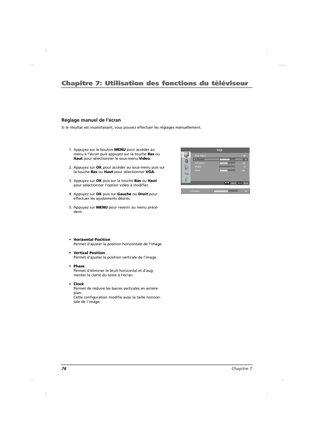 RCA J42CE820, J32CE720, J26CE820 manual Réglage manuel de l’écran, Horizontal Position 