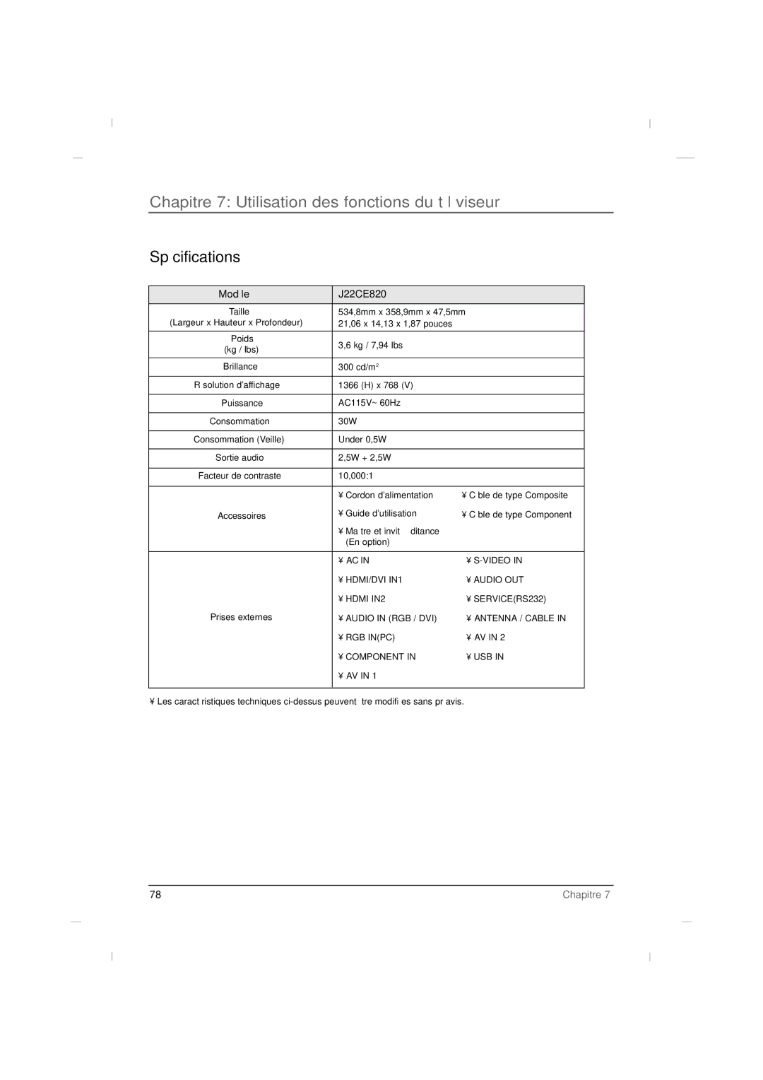 RCA J26CE820, J42CE820, J32CE720 manual Spécifications, Modèle J22CE820 