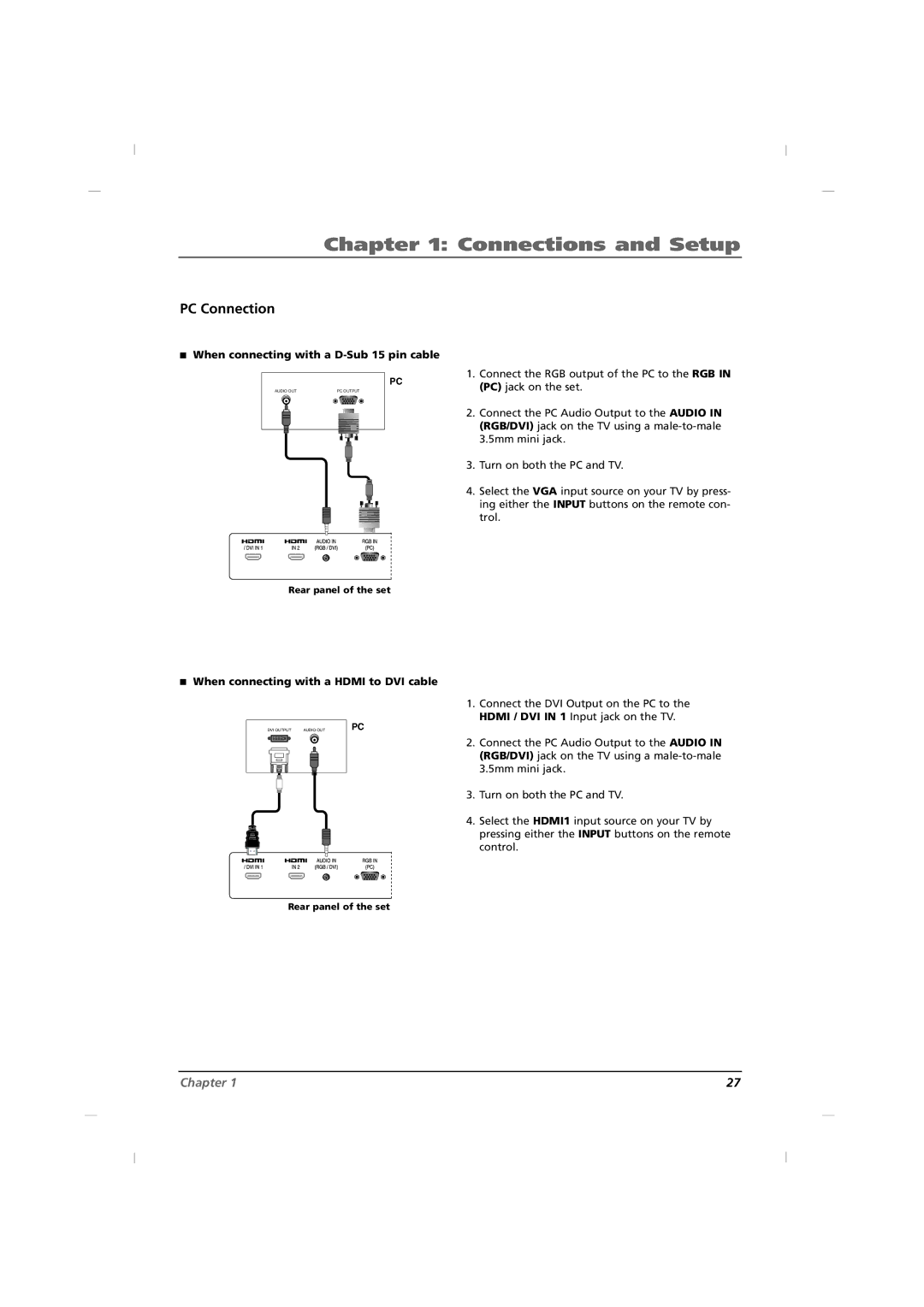 RCA J42CE820, J32CE720, J26CE820 manual PC Connection, When connecting with a D-Sub 15 pin cable 