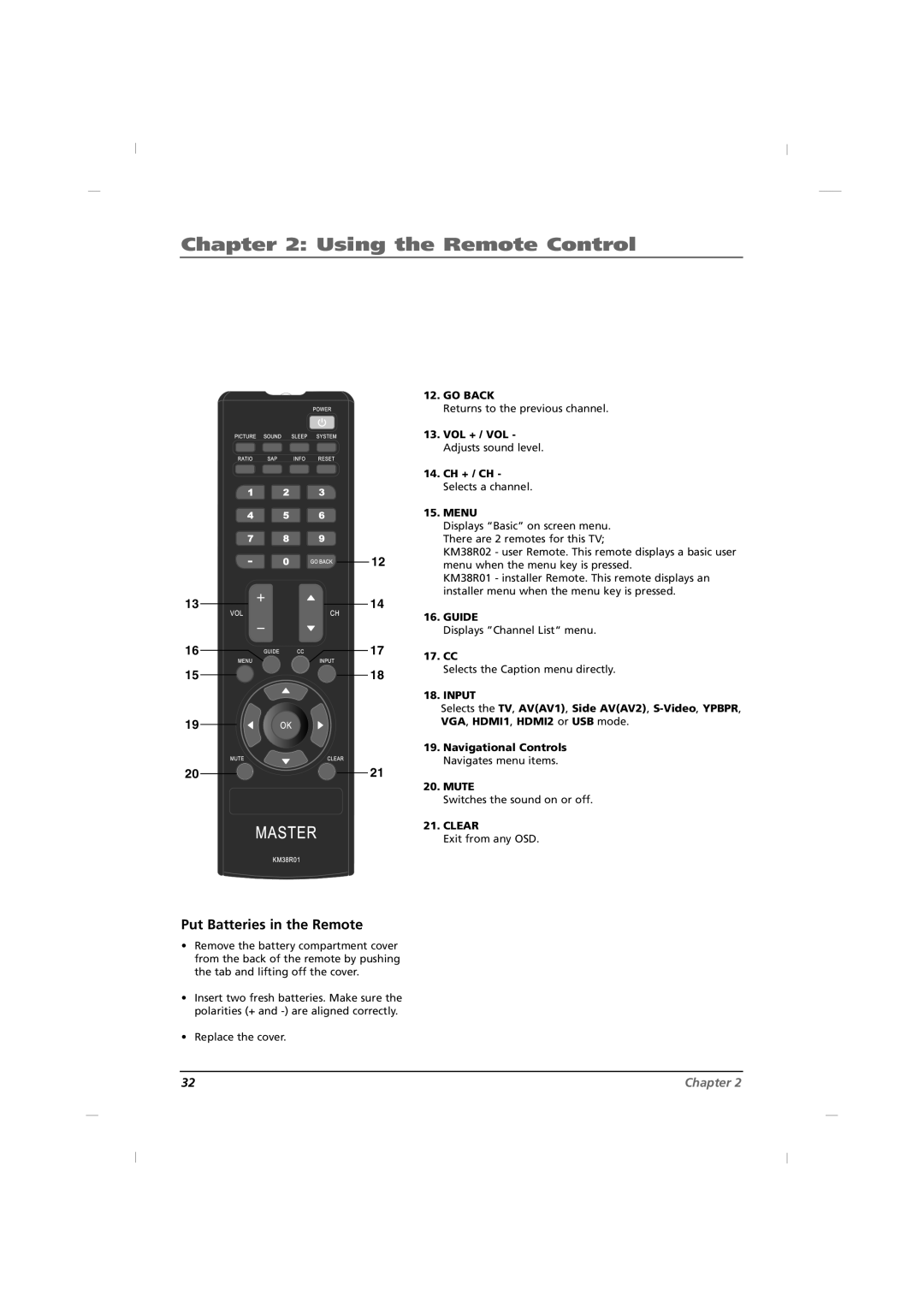 RCA J26CE820, J42CE820, J32CE720 manual Put Batteries in the Remote 