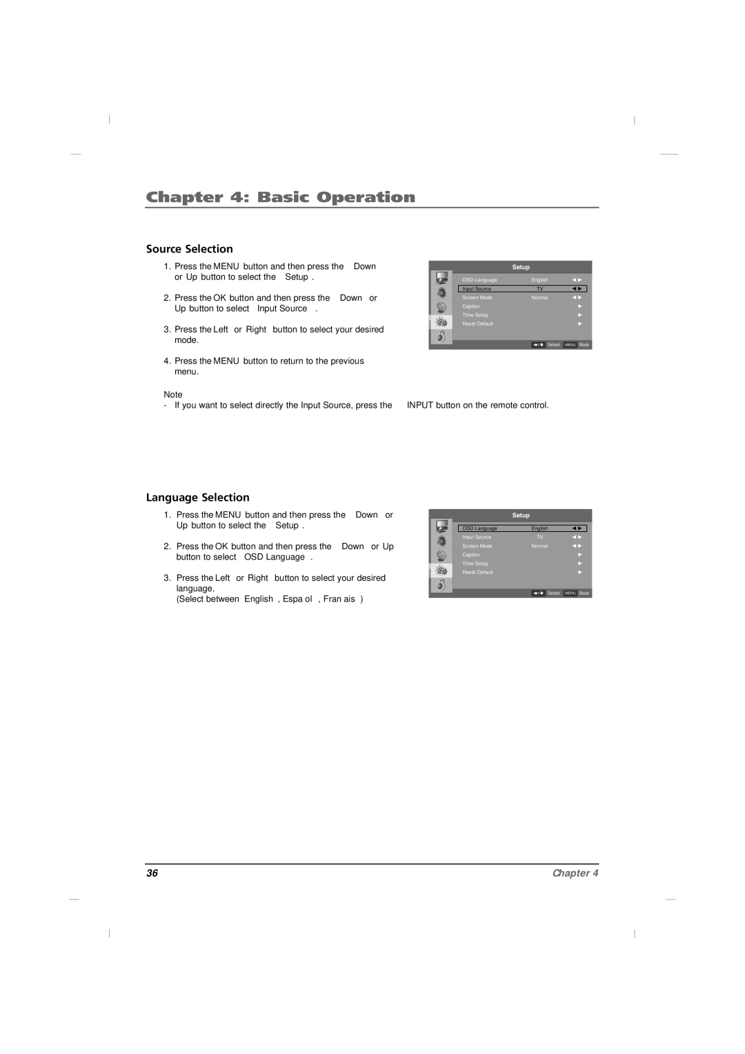 RCA J42CE820, J32CE720 Basic Operation, Source Selection, Language Selection, Select between English, Español, Français 