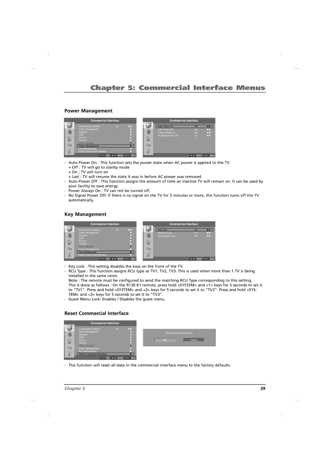 RCA J42CE820, J32CE720, J26CE820 manual Power Management, Key Management, Reset Commercial Interface 