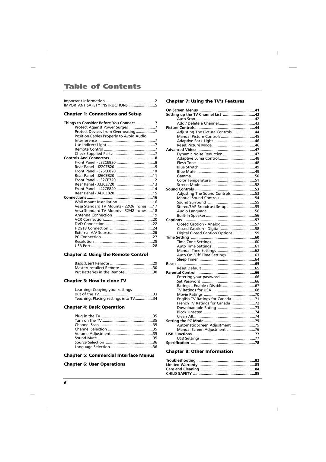 RCA J42CE820, J32CE720, J26CE820 manual Table of Contents 