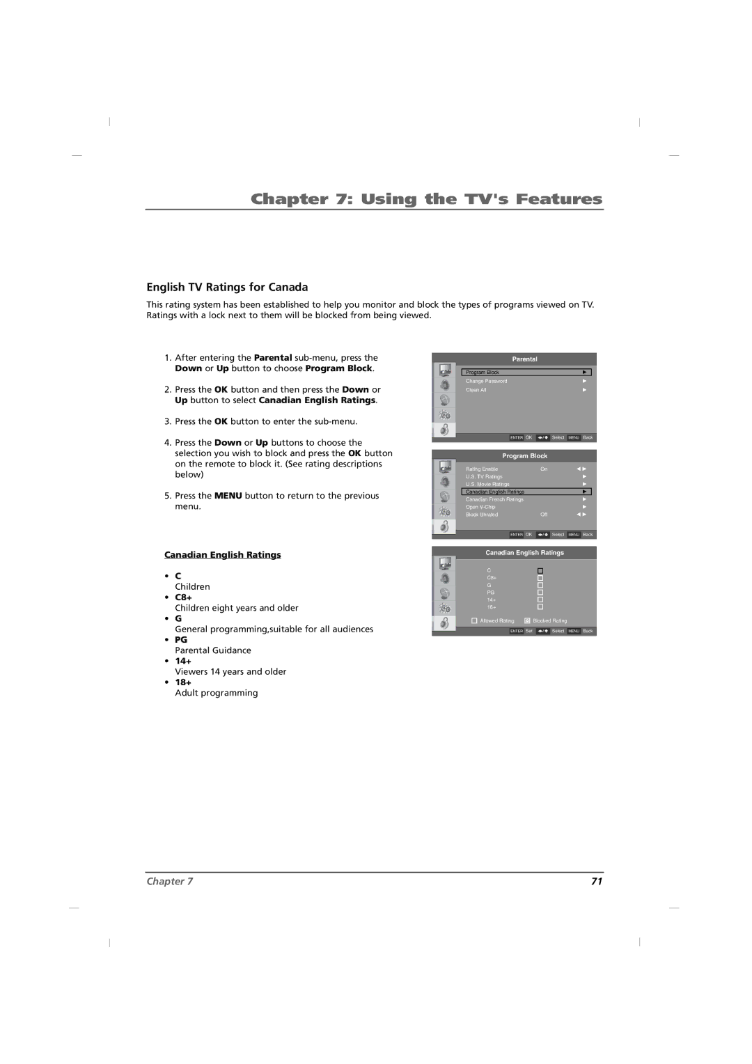 RCA J26CE820, J42CE820, J32CE720 manual English TV Ratings for Canada, Canadian English Ratings Children C8+, 14+, 18+ 