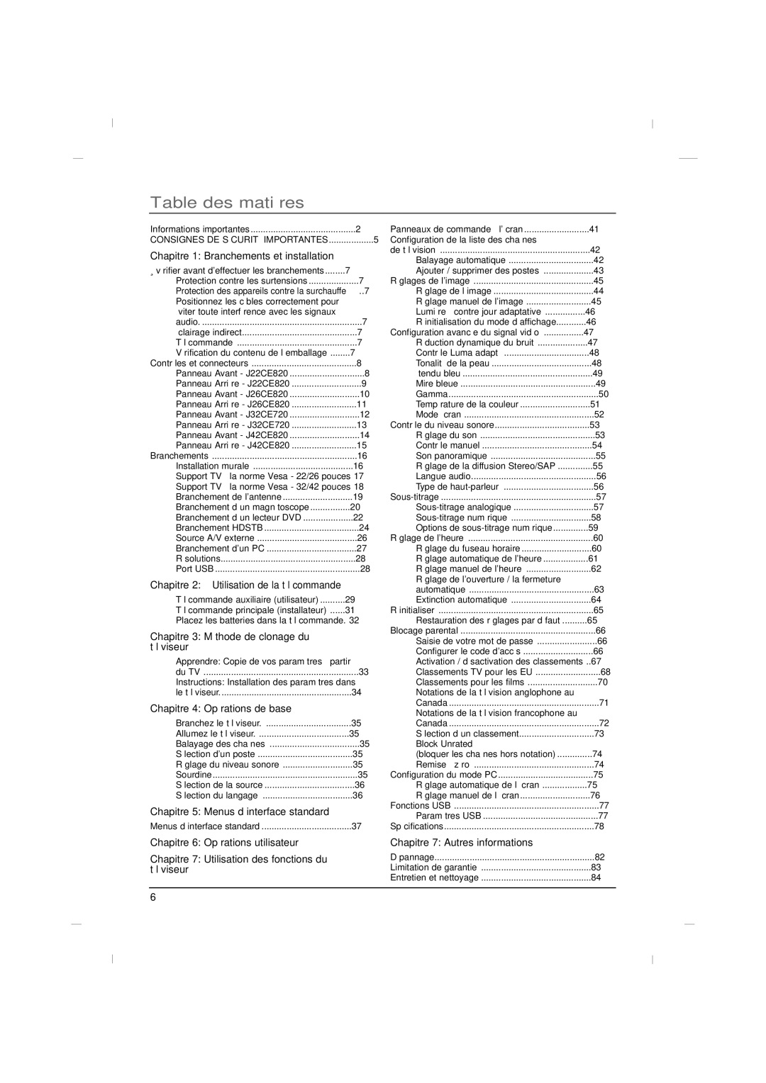 RCA J26CE820, J42CE820, J32CE720 manual Table des matières, Configuration de la liste des chaînes 