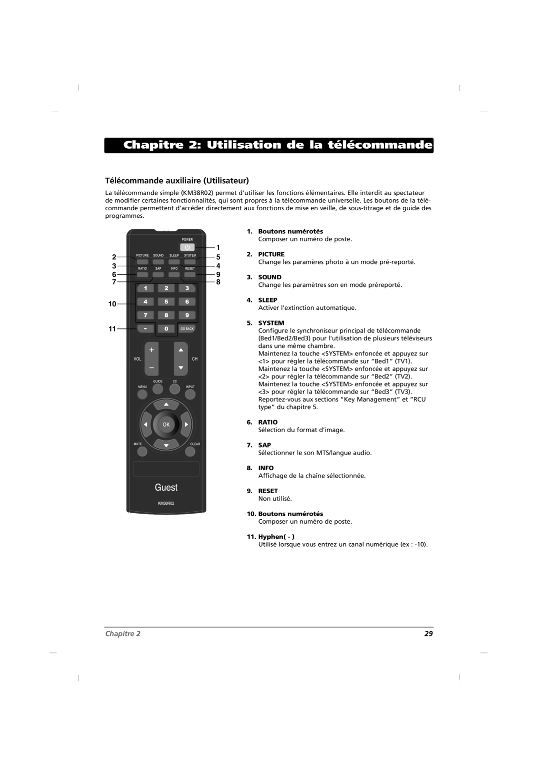 RCA J32CE720, J42CE820, J26CE820 manual Chapitre 2 Utilisation de la télécommande, Télécommande auxiliaire Utilisateur 