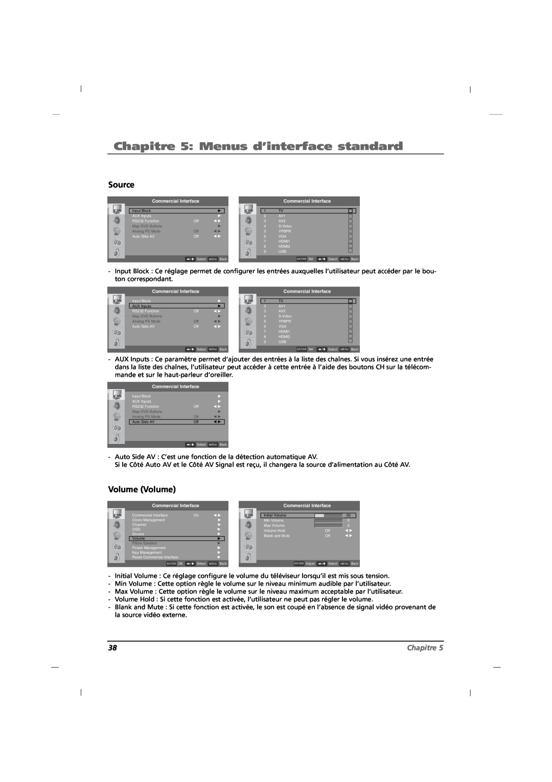 RCA J32CE720, J42CE820, J26CE820 manual Chapitre 5 Menus d’interface standard, Volume Volume, Source 