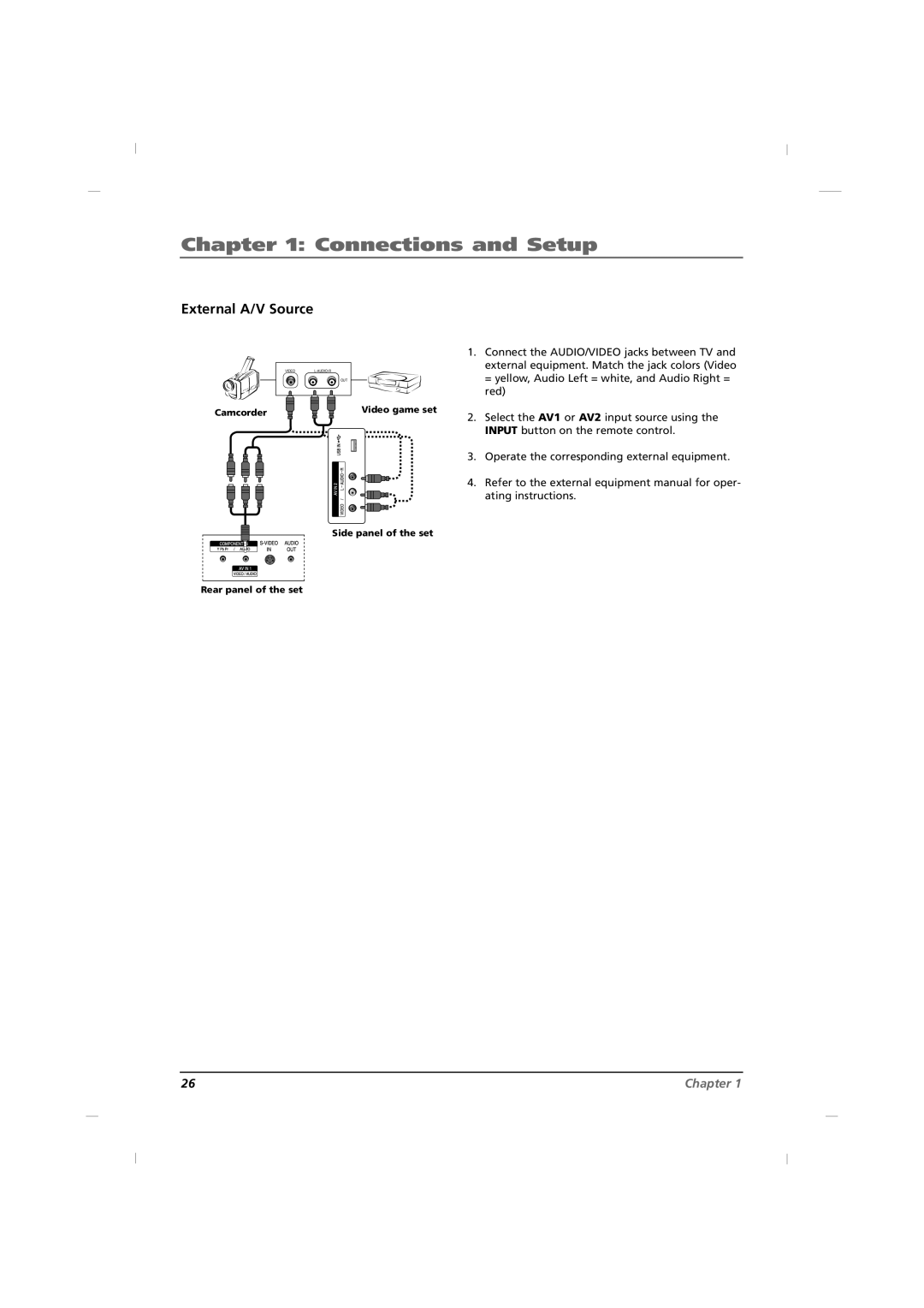 RCA J26CE820, J42CE820, J32CE720 manual External A/V Source, Connections and Setup, Chapter 