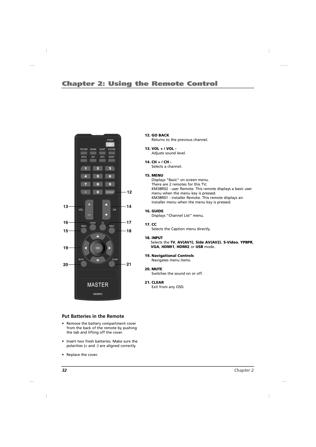 RCA J26CE820, J42CE820, J32CE720 manual Put Batteries in the Remote, Using the Remote Control, Chapter 