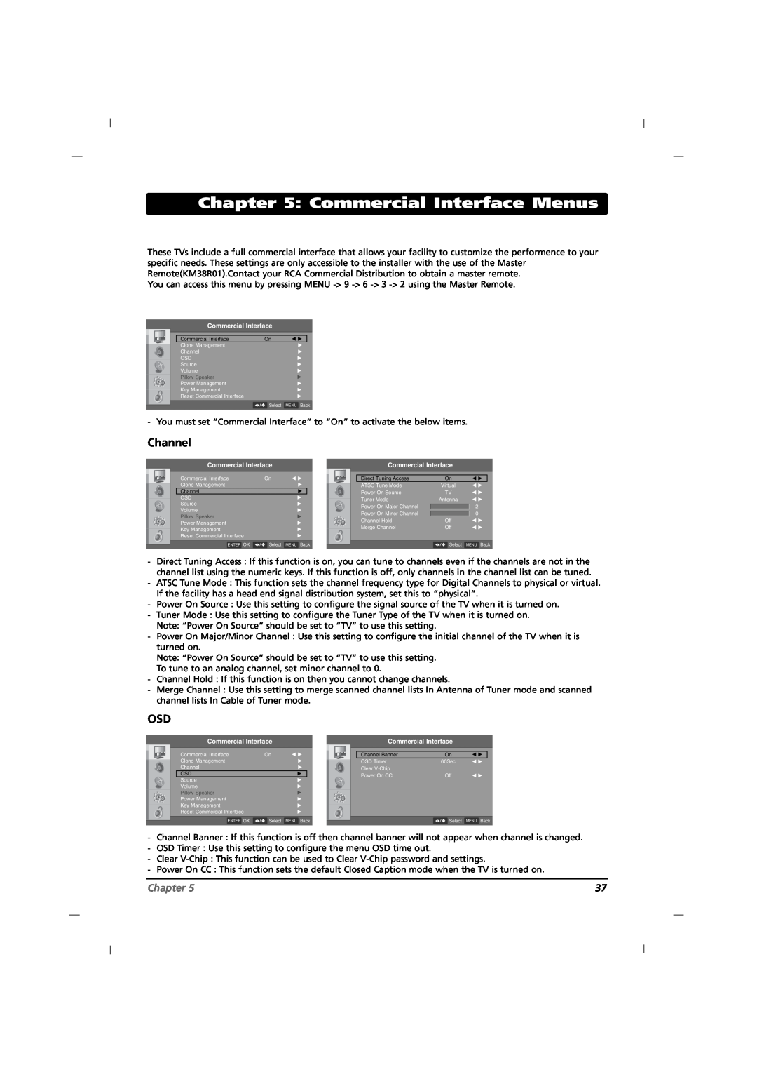 RCA J32CE720, J42CE820, J26CE820 manual Commercial Interface Menus, Channel, Chapter 