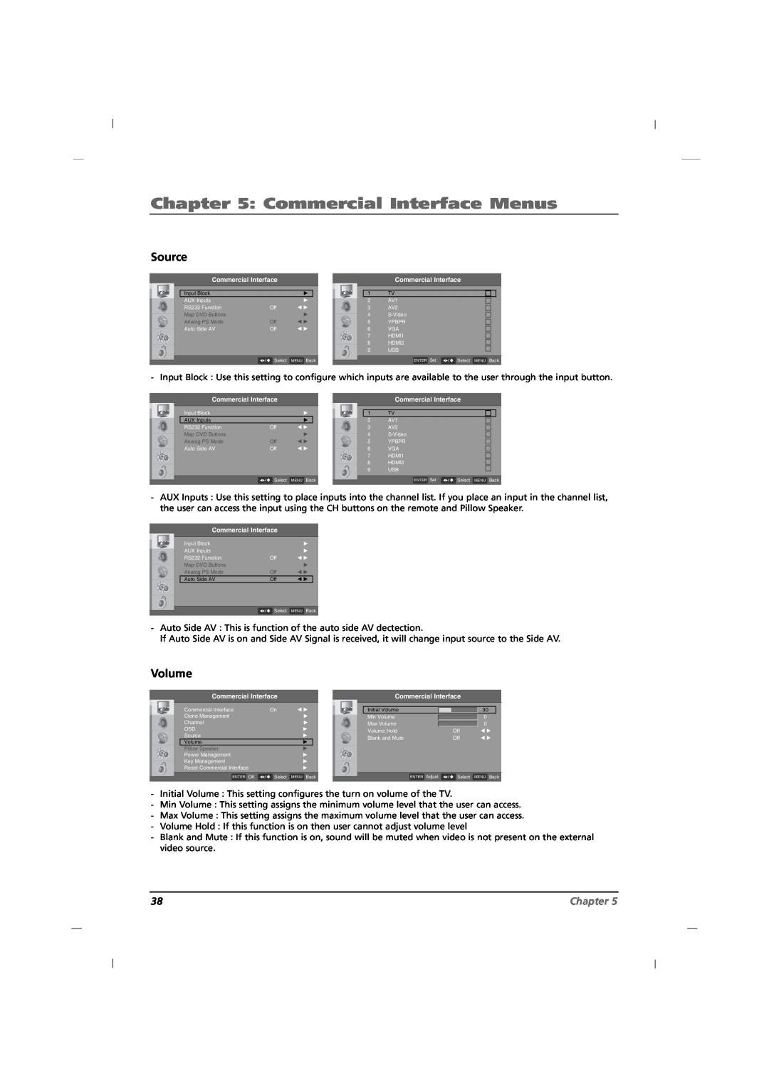 RCA J26CE820, J42CE820, J32CE720 manual Commercial Interface Menus, Source, Volume, Chapter 