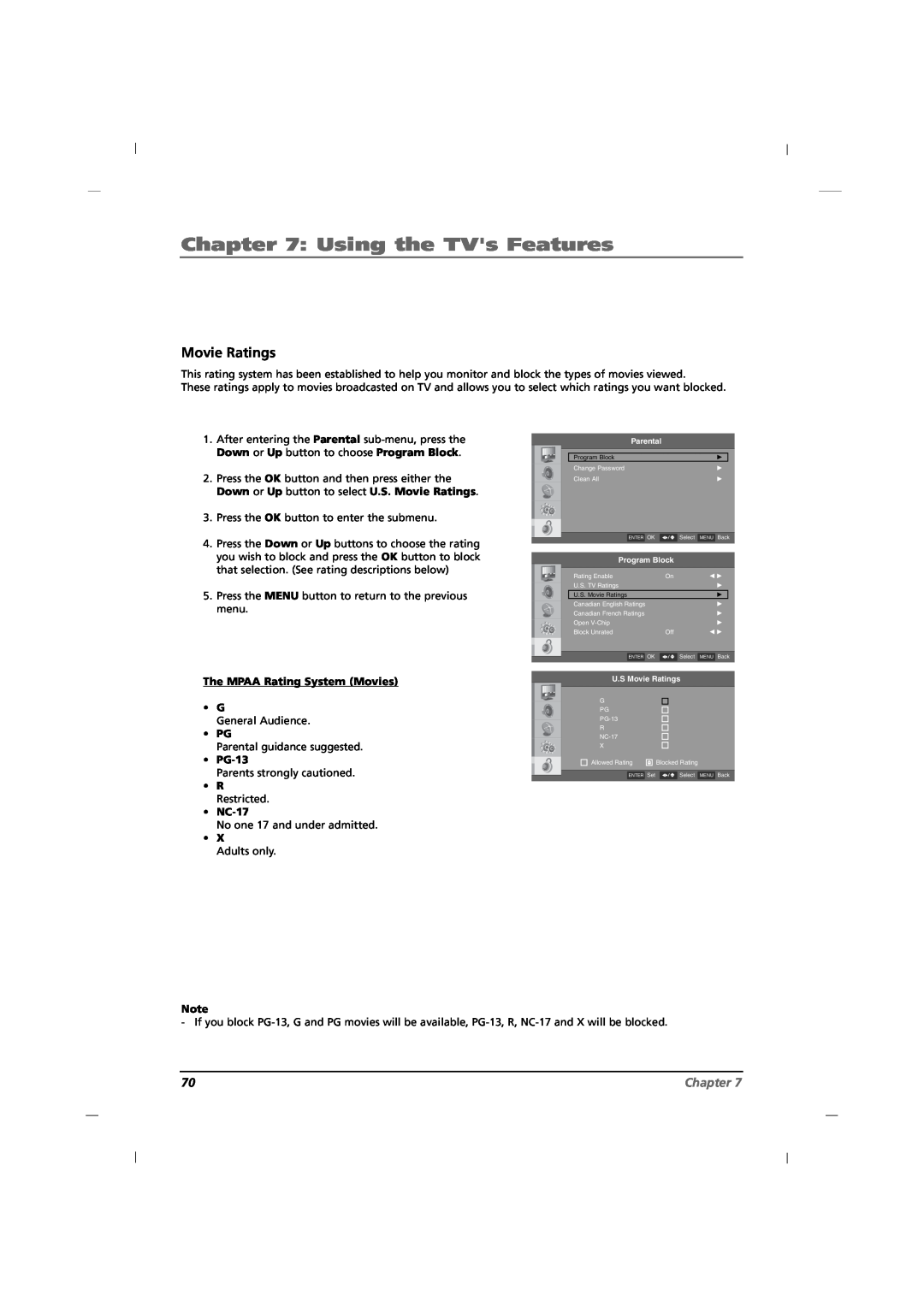 RCA J32CE720, J42CE820, J26CE820 manual Movie Ratings, Using the TVs Features, Chapter 