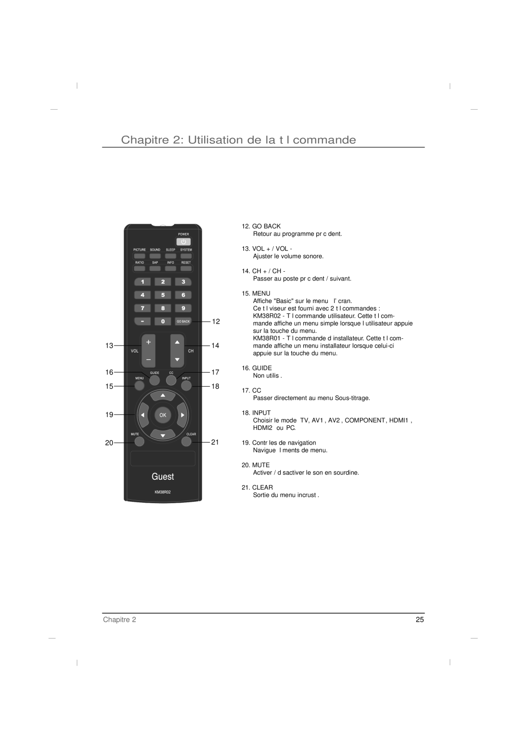 RCA J42LE840 manual Chapitre 2 Utilisation de la télécommande, 17. CC 