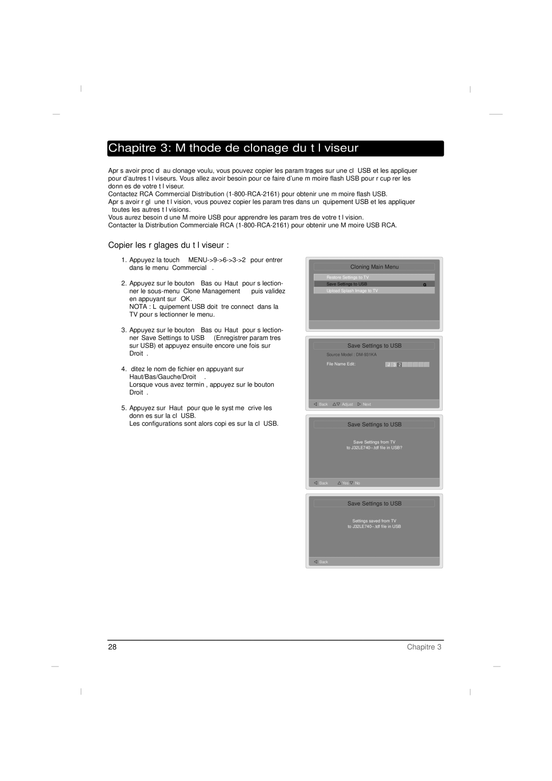 RCA J42LE840 manual Chapitre 3 Méthode de clonage du téléviseur, Copier les réglages du téléviseur 