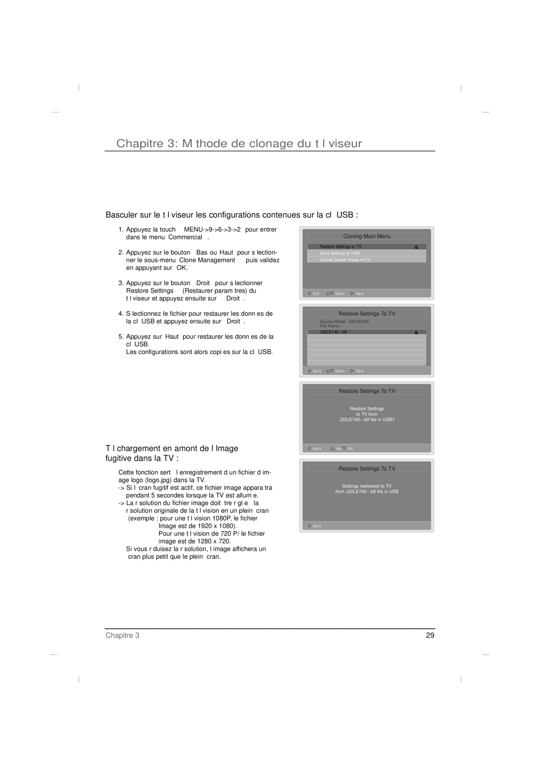 RCA J42LE840 manual Chapitre 3 Méthode de clonage du téléviseur, Téléchargement en amont de l’Image fugitive dans la TV 