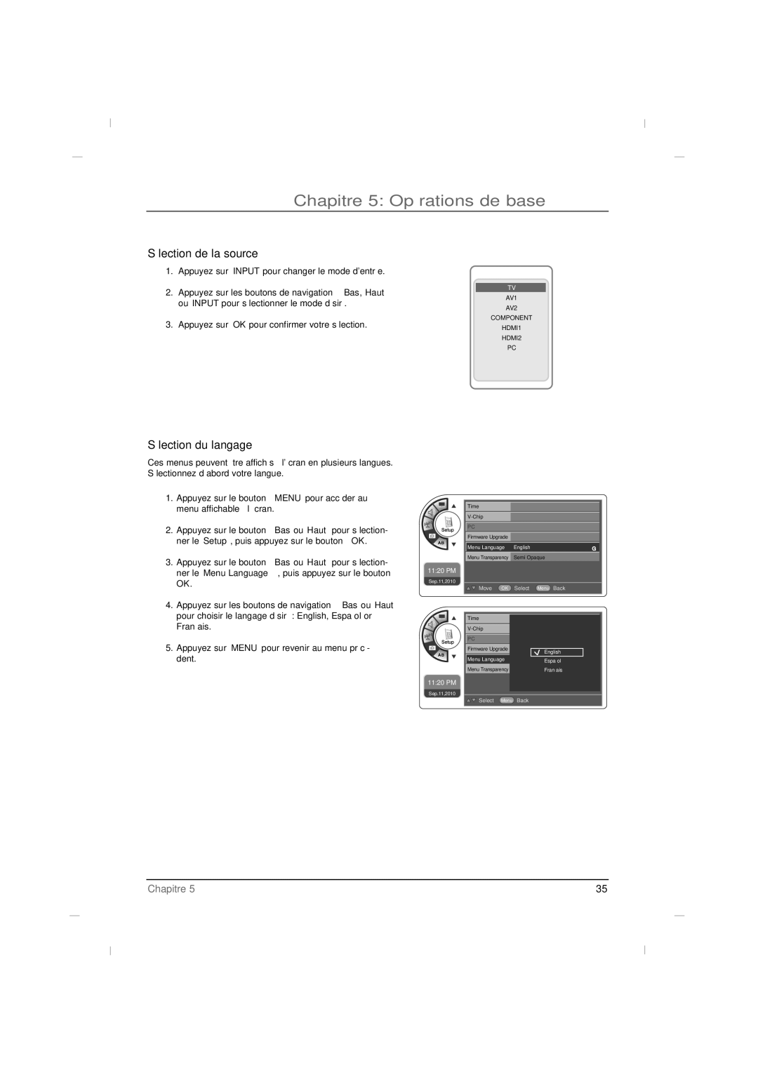 RCA J42LE840 manual Chapitre 5 Opérations de base, Sélection de la source, Sélection du langage 