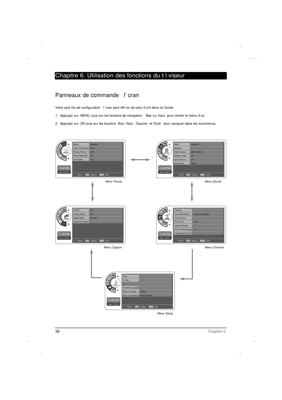 RCA J42LE840 manual Chapitre 6 Utilisation des fonctions du téléviseur, Panneaux de commande à lécran 