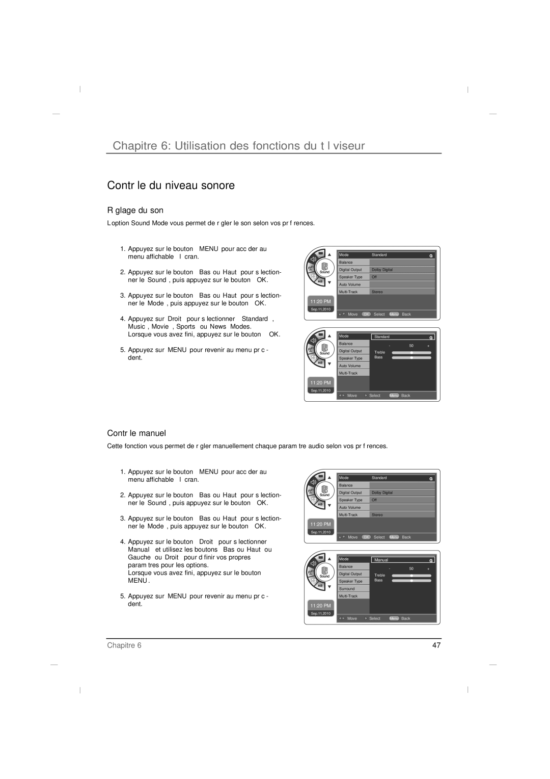 RCA J42LE840 manual Contrôle du niveau sonore, Réglage du son, Contrôle manuel 