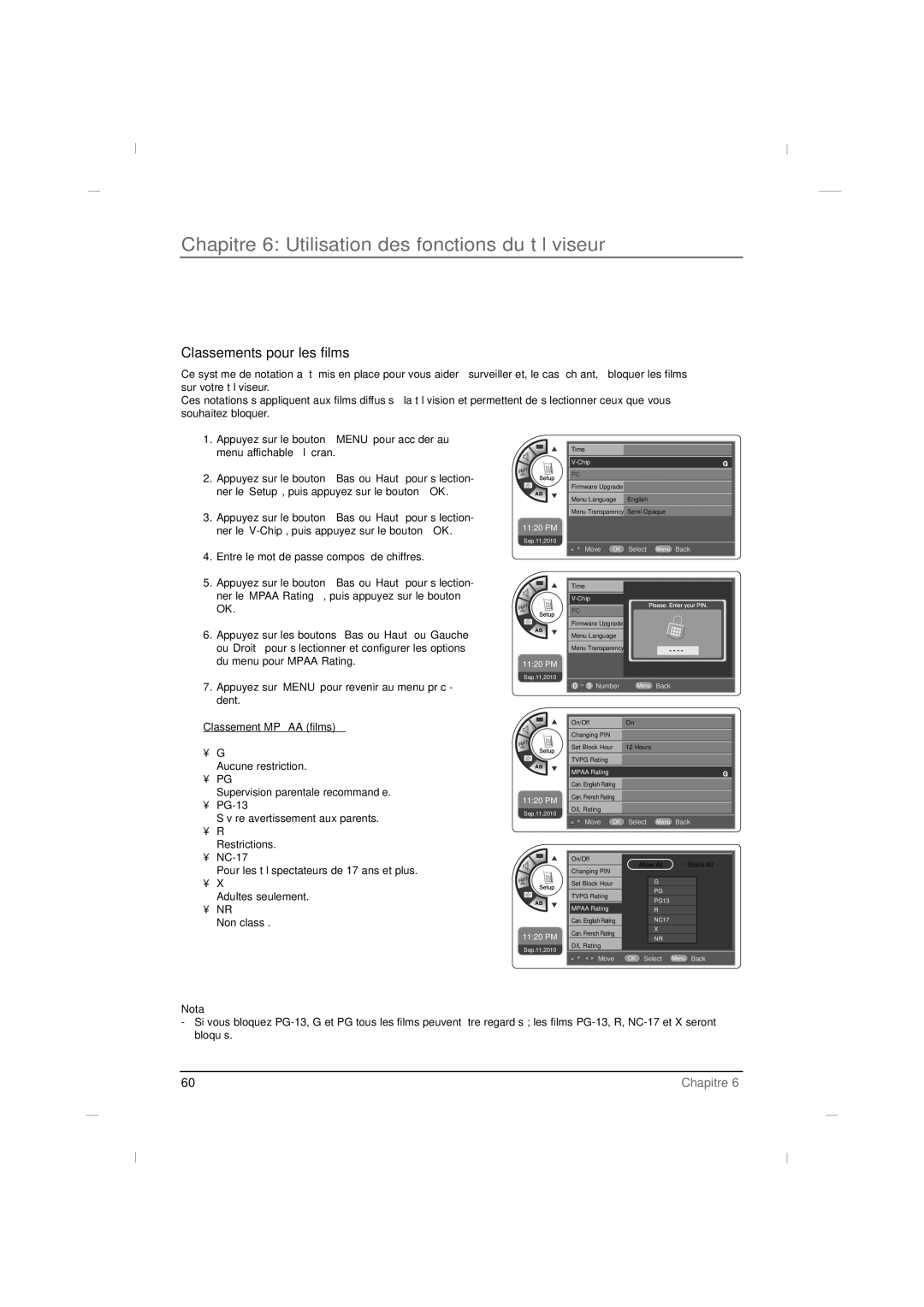 RCA J42LE840 manual Classements pour les films, Classement Mpaa films, Aucune restriction Supervision parentale recommandée 