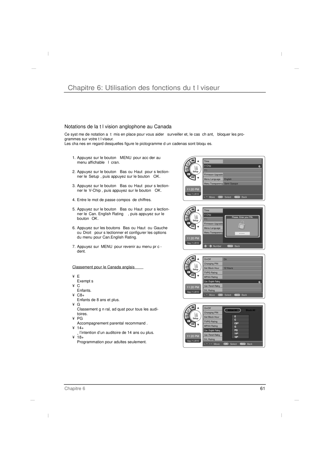 RCA J42LE840 manual Notations de la télévision anglophone au Canada, Classement pour le Canada anglais 