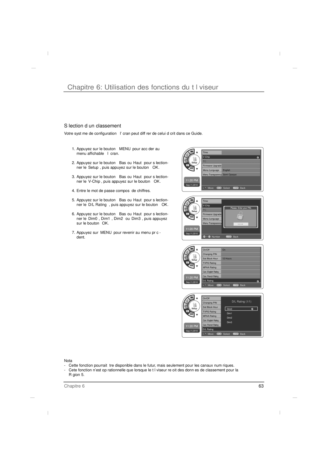 RCA J42LE840 manual Sélection d’un classement, Nota 