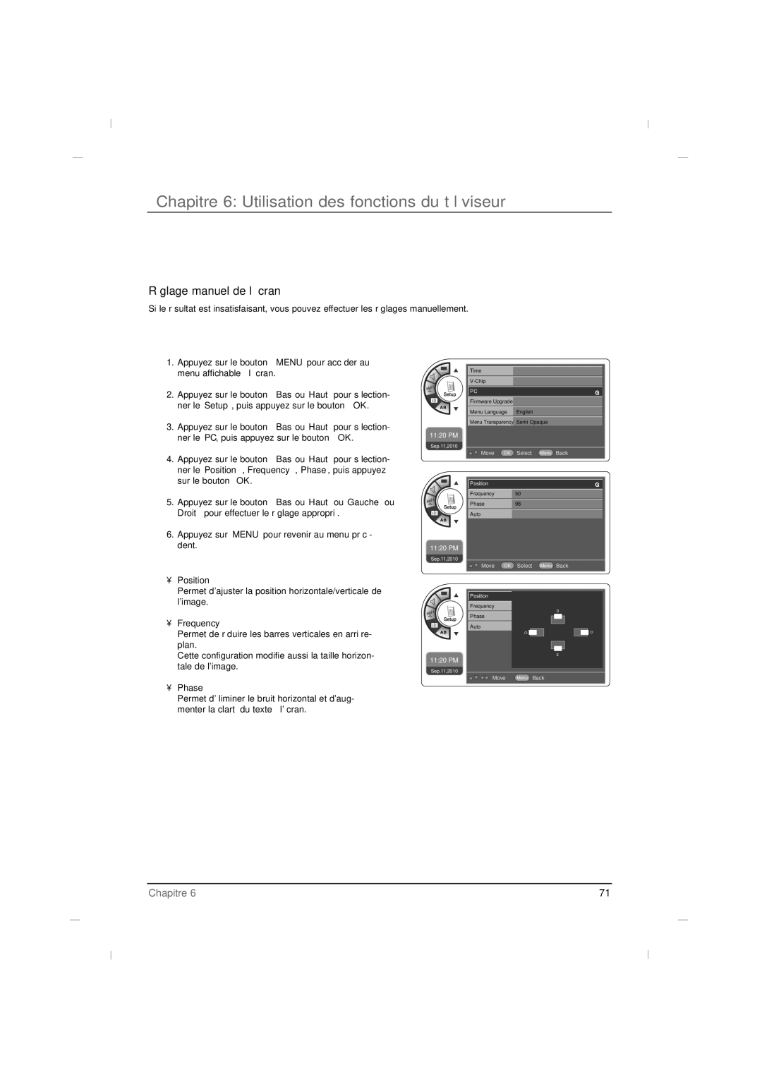 RCA J42LE840 manual Réglage manuel de l’écran, Appuyez sur le bouton Bas ou Haut ou Gauche ou 