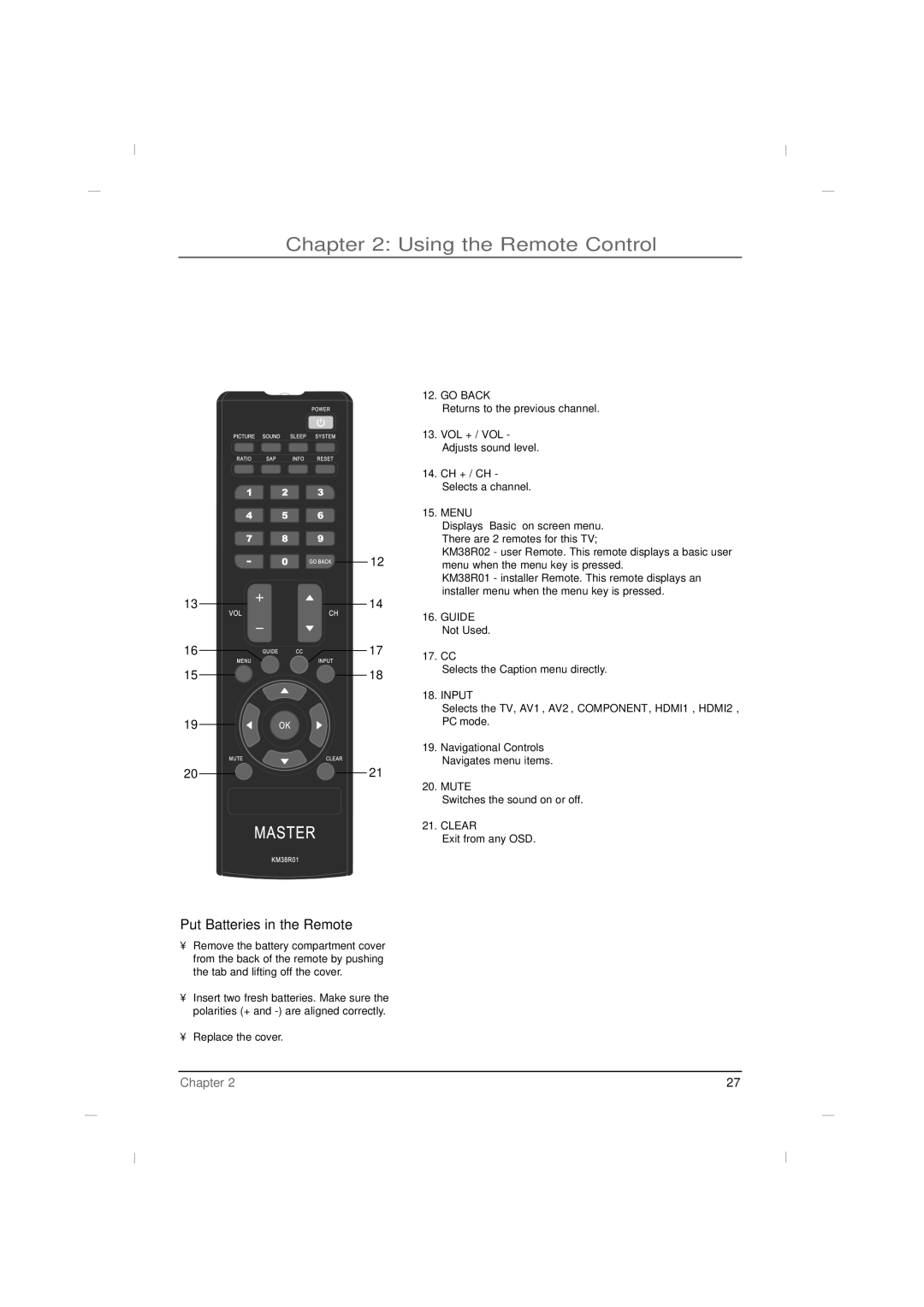 RCA J42LE840 manual Put Batteries in the Remote 