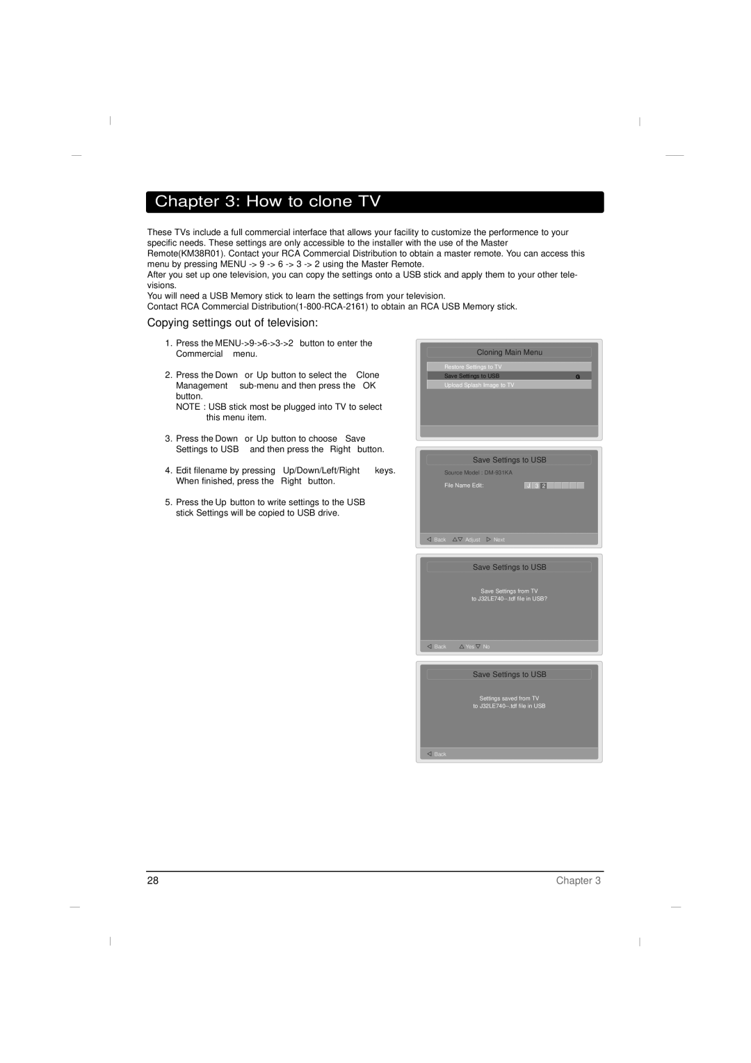 RCA J42LE840 manual How to clone TV, Copying settings out of television 