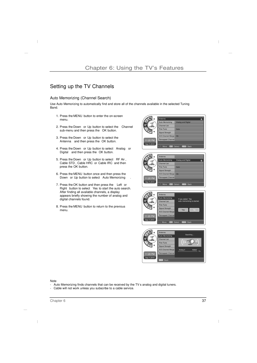 RCA J42LE840 manual Using the TVs Features, Setting up the TV Channels, Auto Memorizing Channel Search 