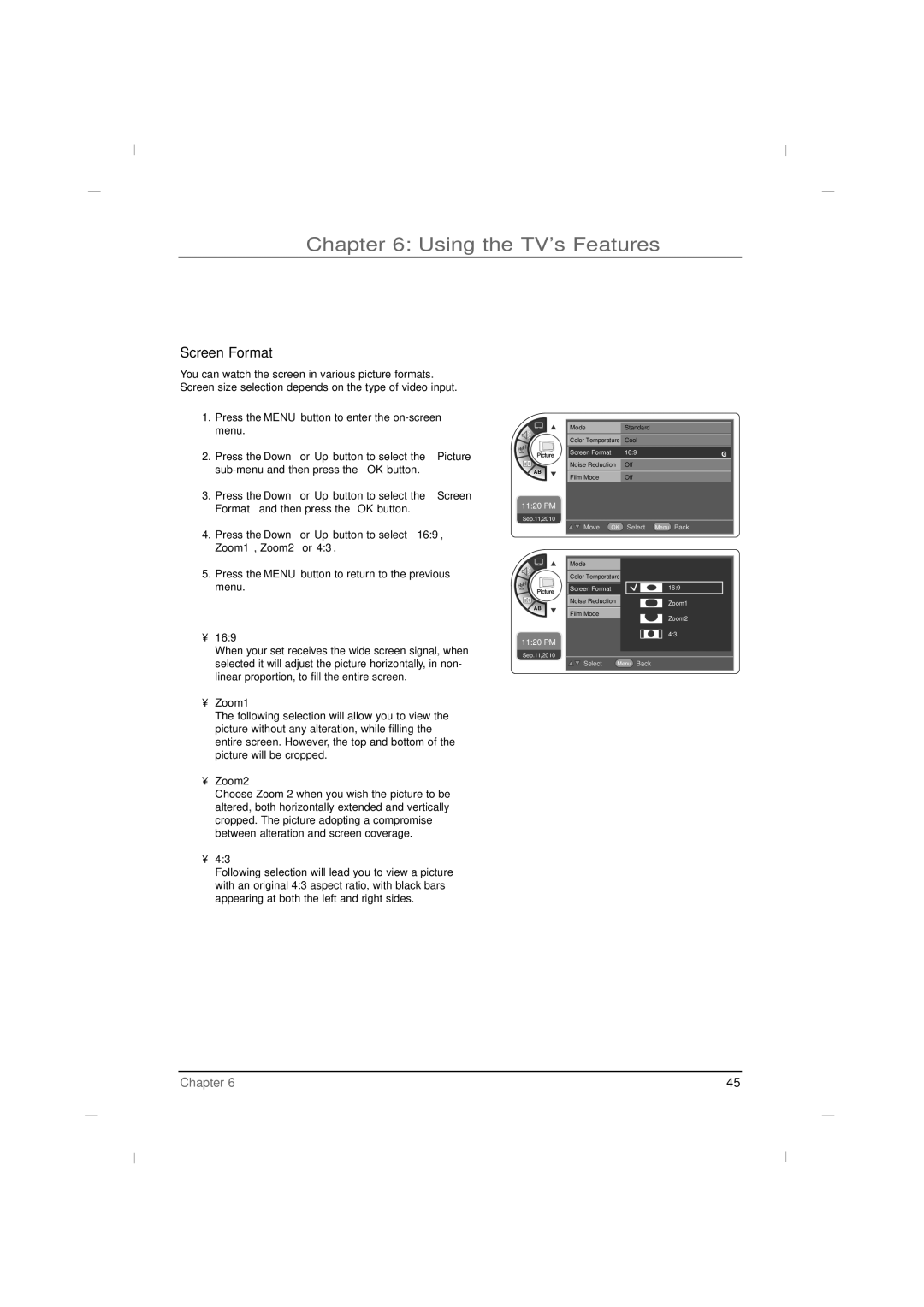 RCA J42LE840 manual Screen Format, Press the Down or Up button to select 169, Zoom1, Zoom2 or 