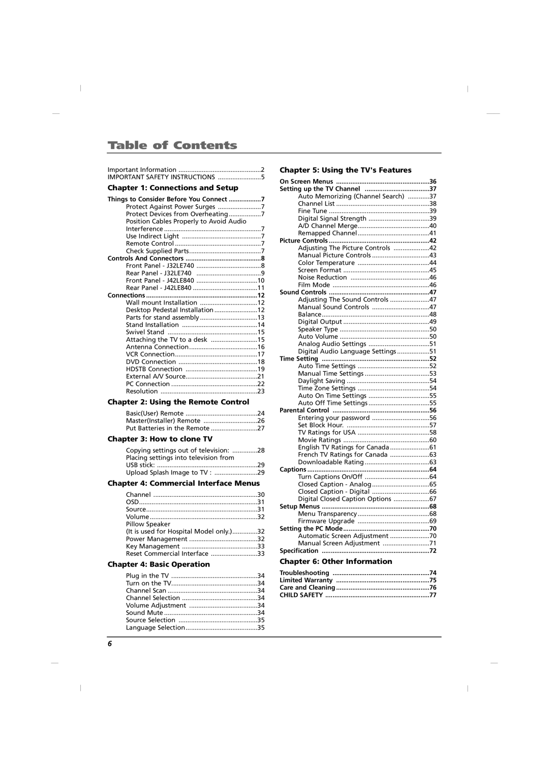 RCA J42LE840 manual Table of Contents 