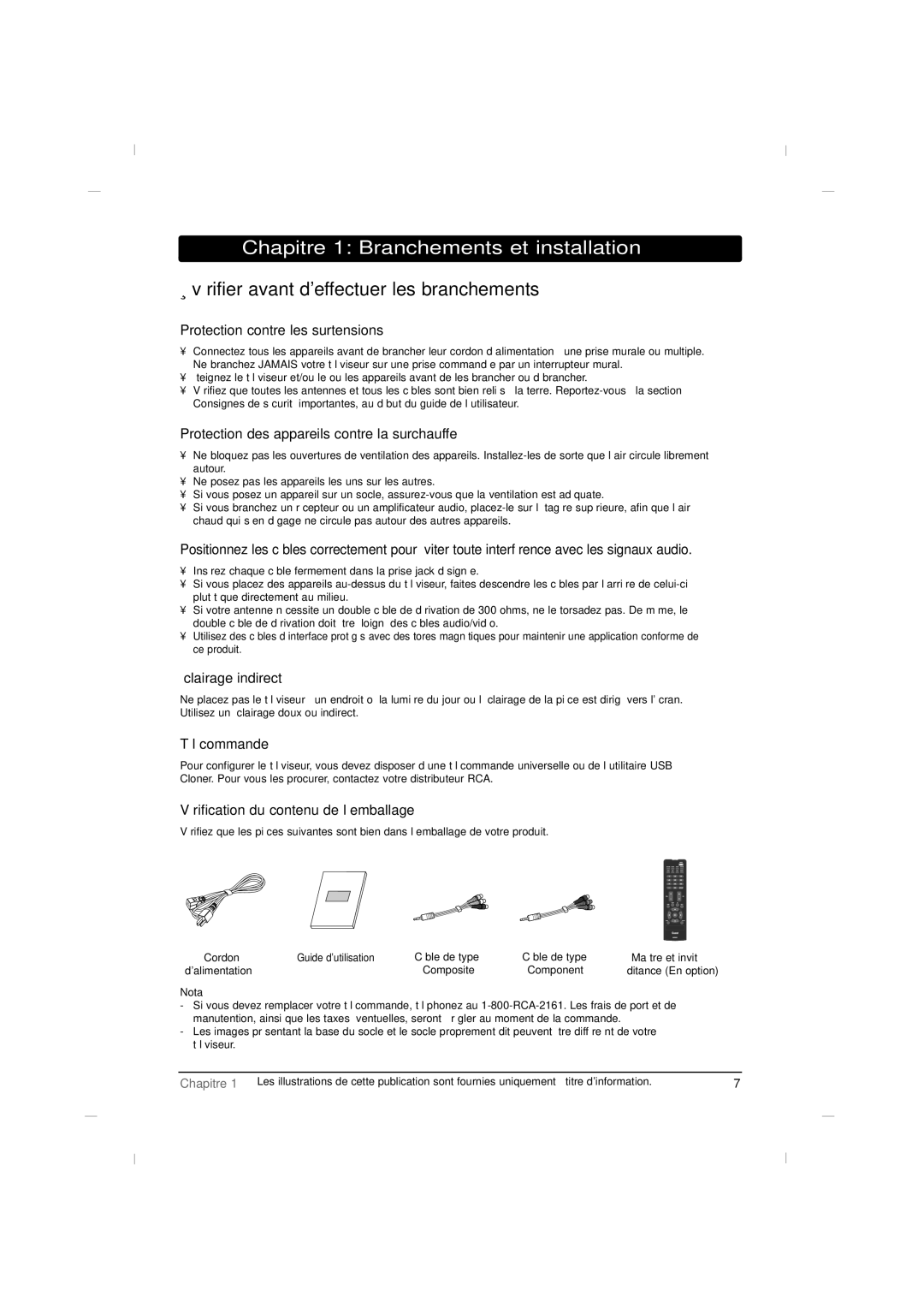 RCA J42LE840 manual Chapitre 1 Branchements et installation, Vérifier avant deffectuer les branchements 