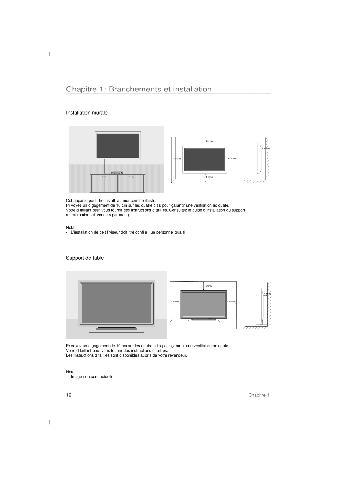 RCA J42LE840 manual Installation murale, Support de table 