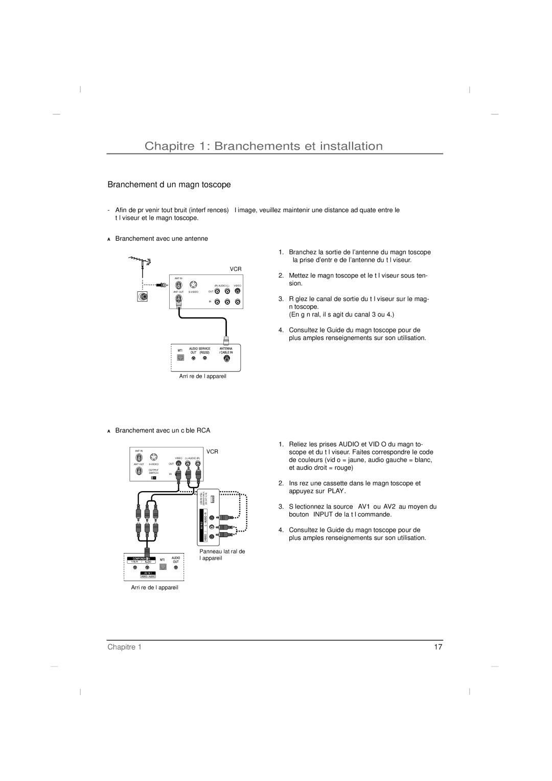 RCA J42LE840 manual Branchement d’un magnétoscope, Branchement avec une antenne, Branchement avec un câble RCA 
