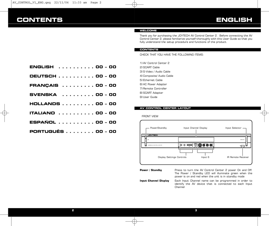 RCA JOYTECHTM AV CONTROL CENTER 2 manual Contents English 