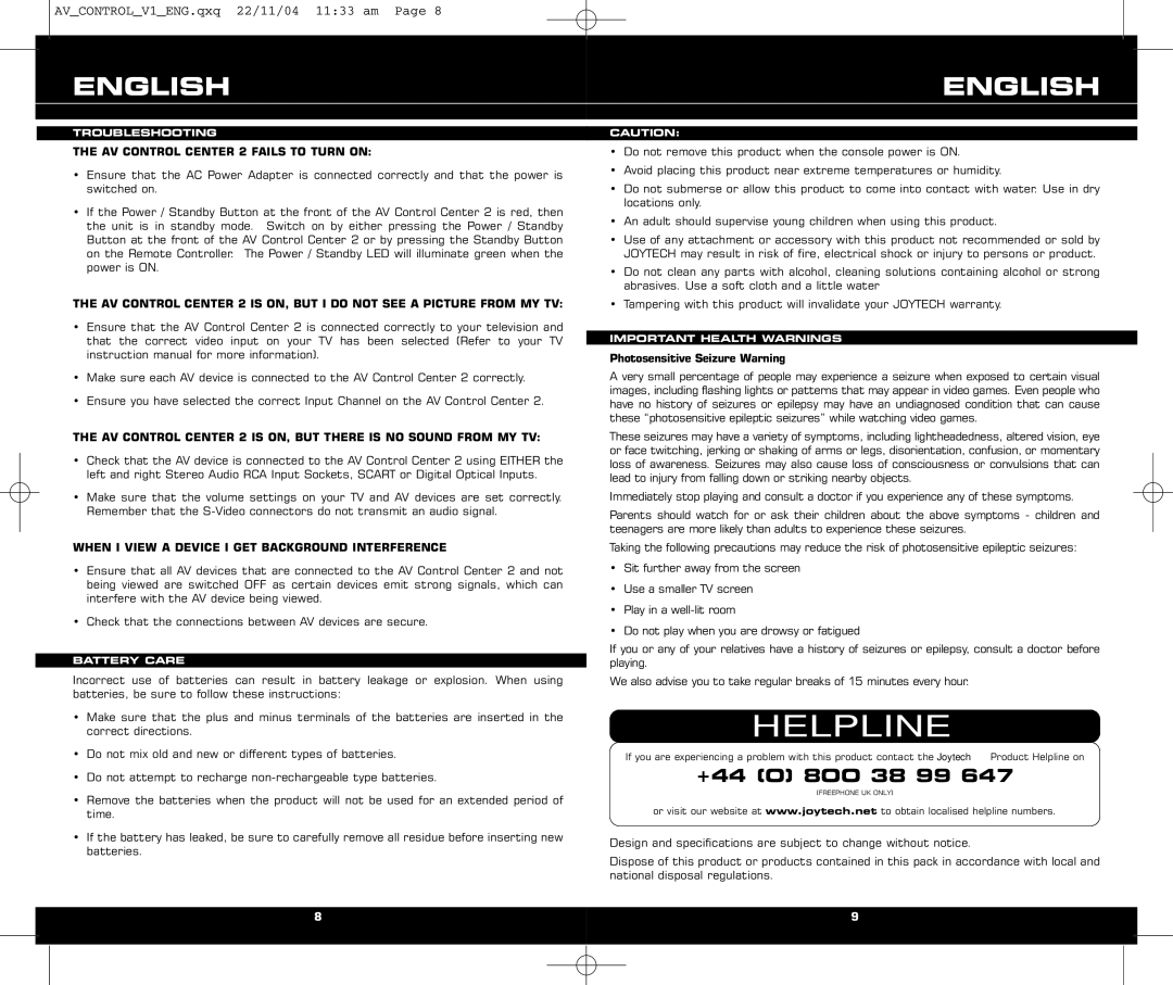 RCA JOYTECHTM AV CONTROL CENTER 2 manual AV Control Center 2 Fails to Turn on, Photosensitive Seizure Warning 